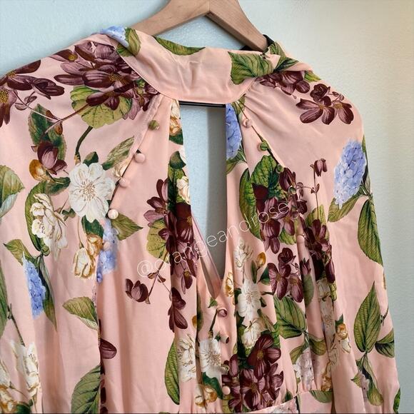 NICHOLAS Peach Pink Floral Print Silk Flare Sleeve Romper Long Sleeve 6 Small - Picture 12 of 16